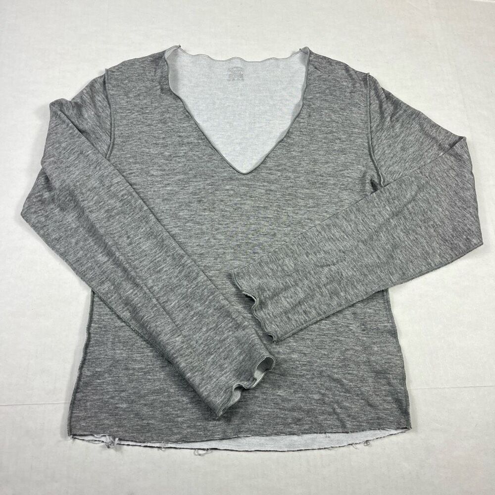 Majestic Filatures Long Sleeve V-Neck Shirt Gray Raw Edge Soft Knit Top 2/SMALL